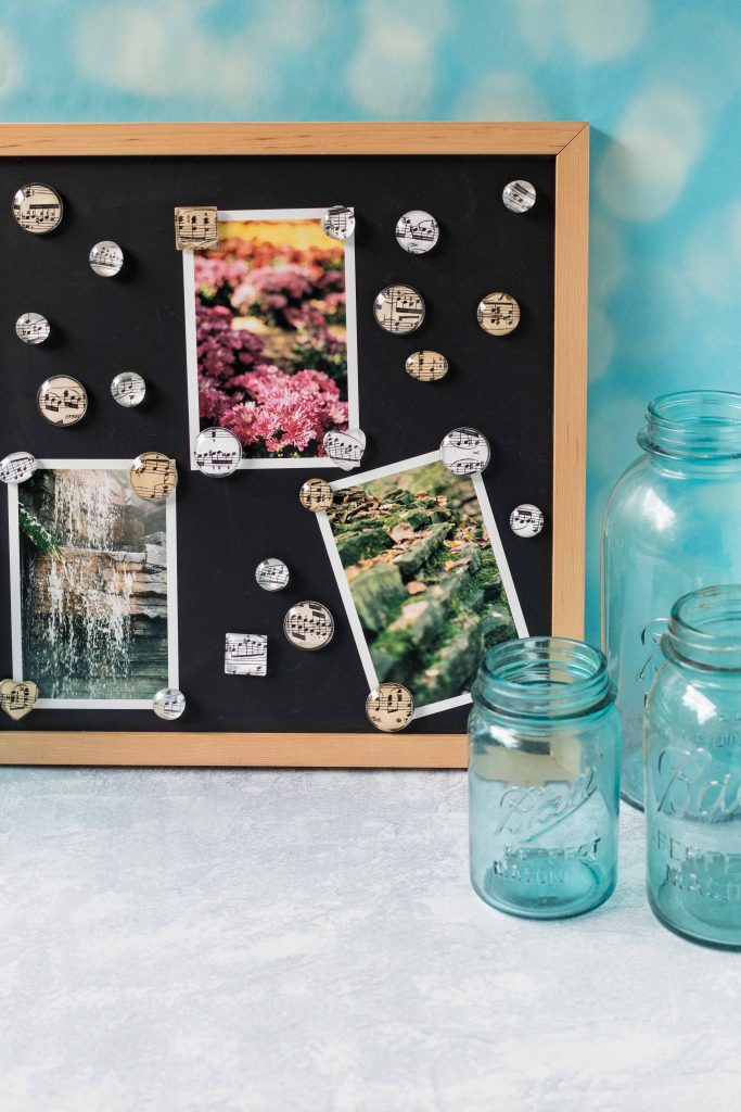 DIY sheet music glass magnets. Perfect for displaying on a refrigerator, file cabinet, or chalkboard! #glassmagnets #sheetmusic #DIY