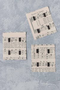 Cardstock-printed sheet music with flexible magnetic strip for packaging homemade glass magnets. #DIY #sheetmusic #homemademagnets #glassmagnets | https://www.roseclearfield.com