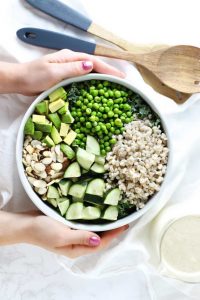 Green Grain Summer Salad with Lemon Cashew Garlic Sauce Zested Lemon