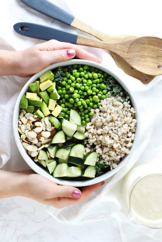 Green Grain Summer Salad with Lemon Cashew Garlic Sauce Zested Lemon