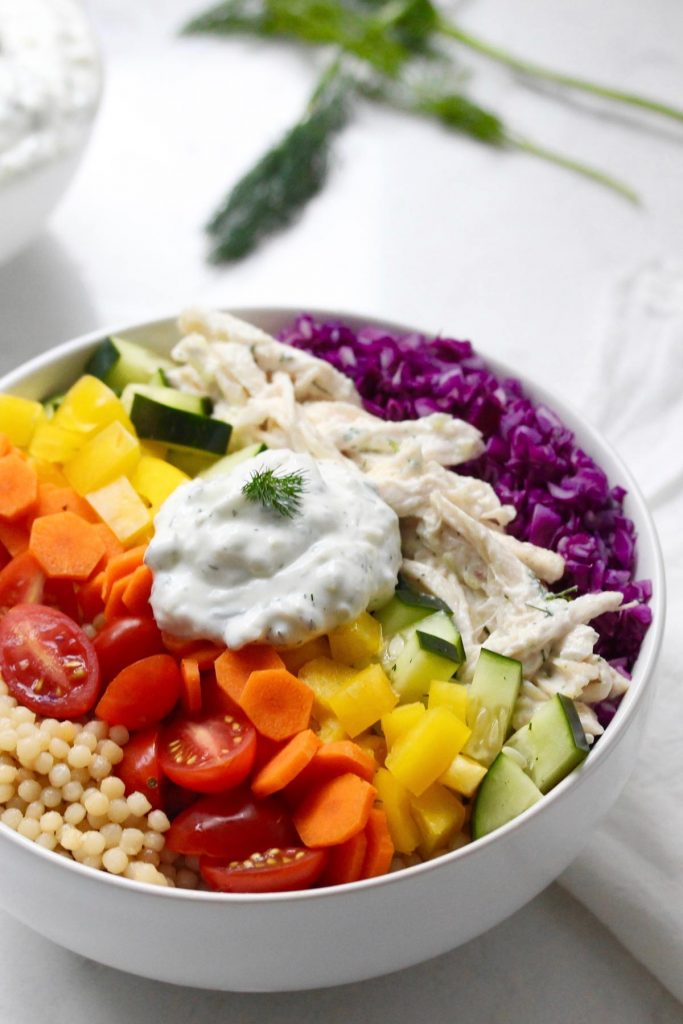 Rainbow Grain Bowl and Tzatziki Chicken Zested Lemon