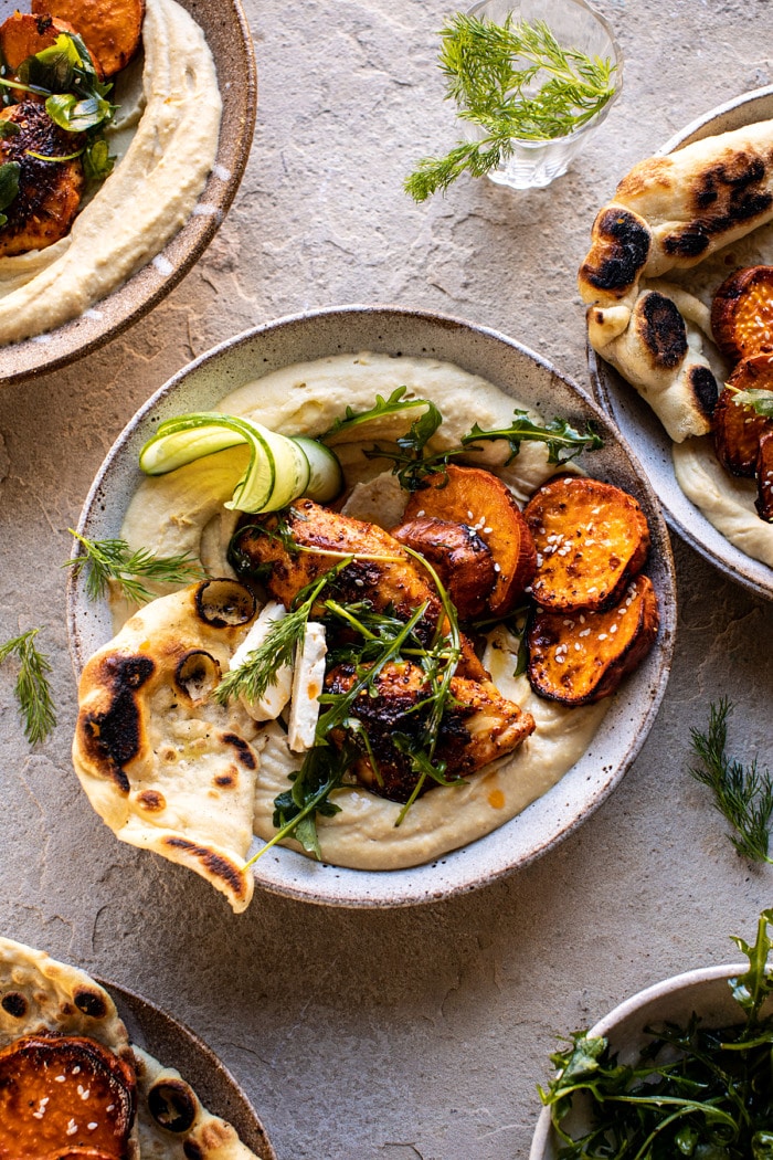 Sheet Pan Chicken Shawarma with Sesame Sweet Potatoes and Hummus Half Baked Harvest