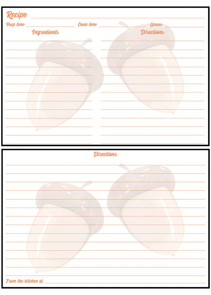 Printable Fall Recipe Card 4x6 Acorns
