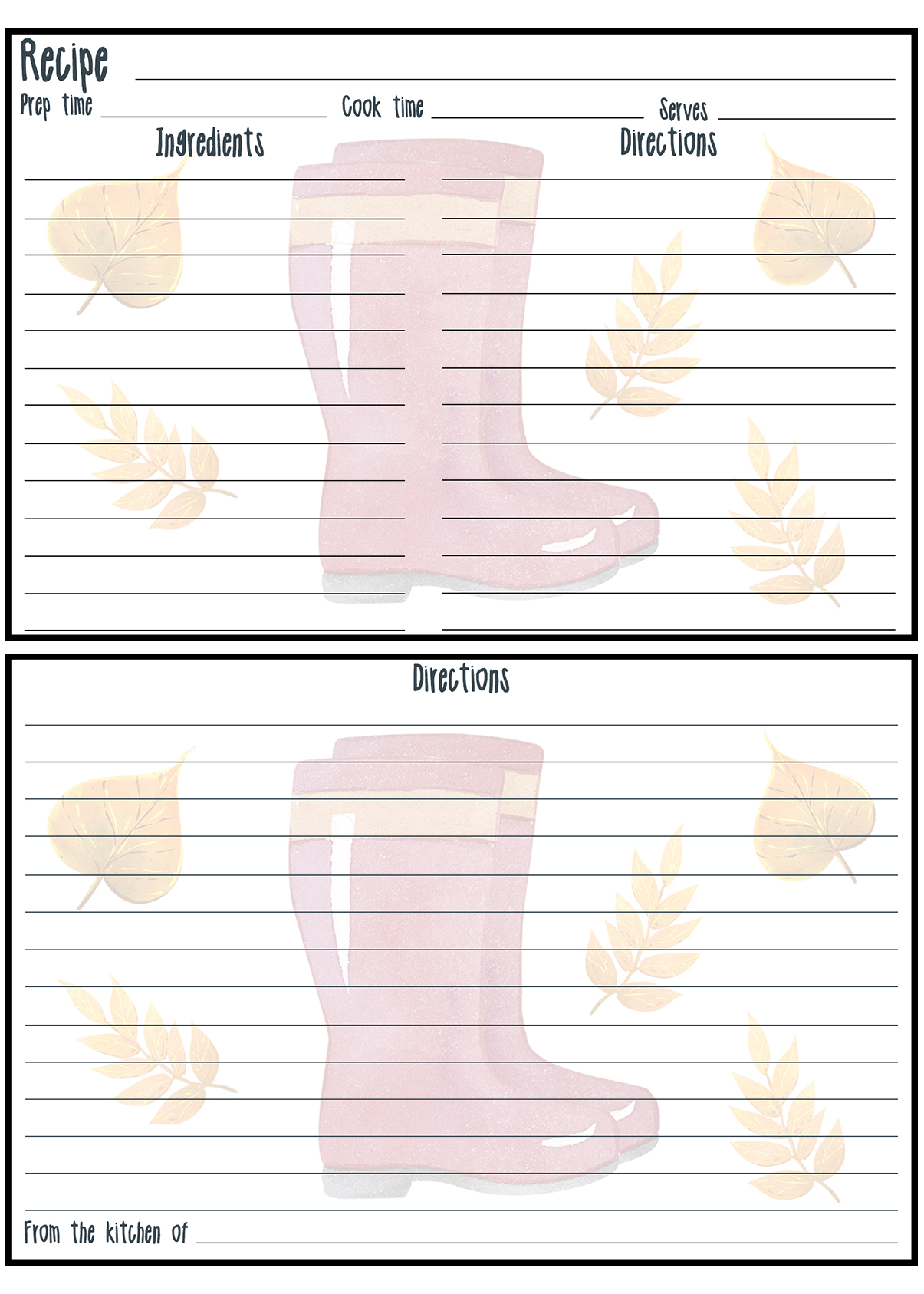 Printable Fall Recipe Card 4x6 Rubber Boots