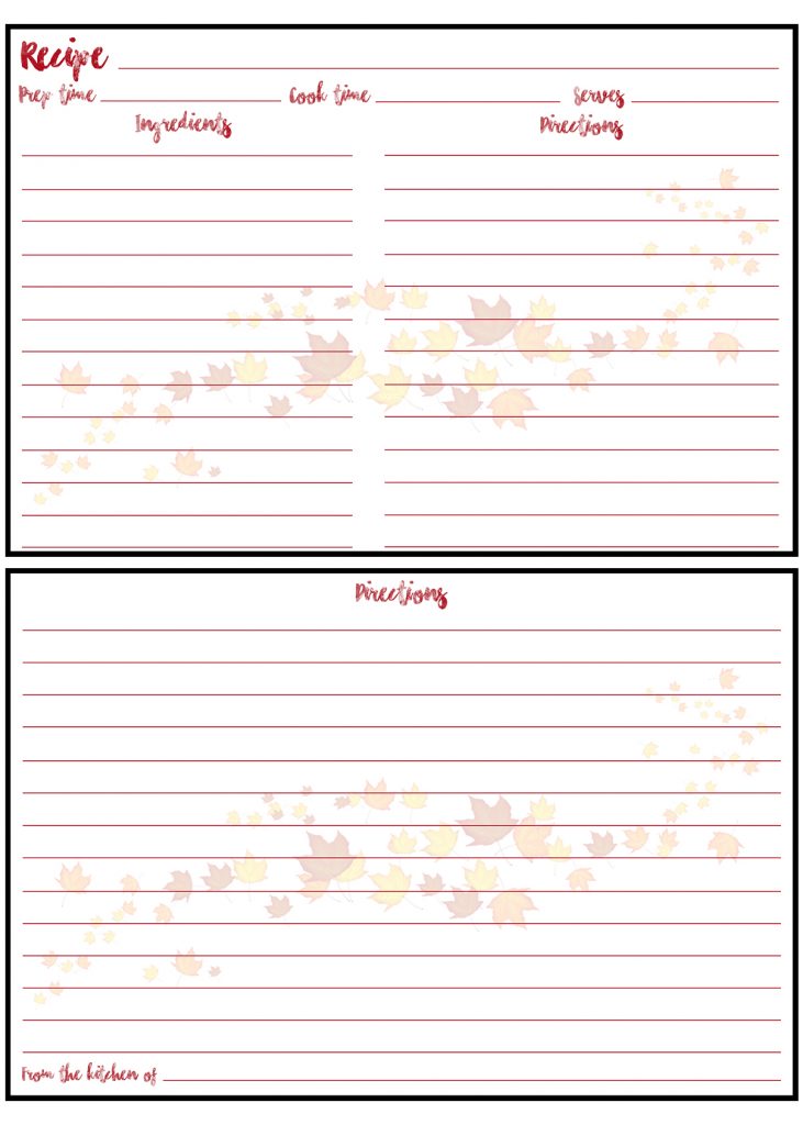 Printable Fall Recipe Card 4x6 Scattered Leaves