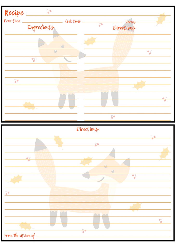 Printable Fall Recipe Card Fox