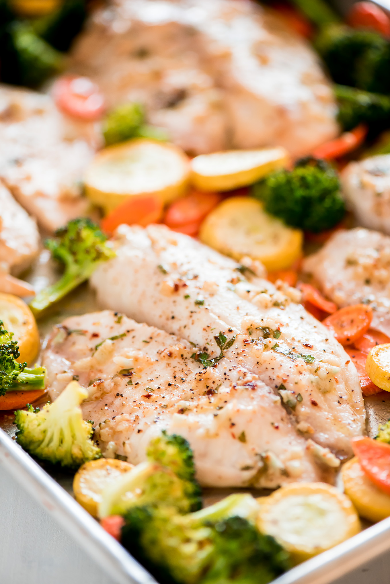 Sheet Pan Baked Tilapia and Roasted Vegetables Garnish and Glaze