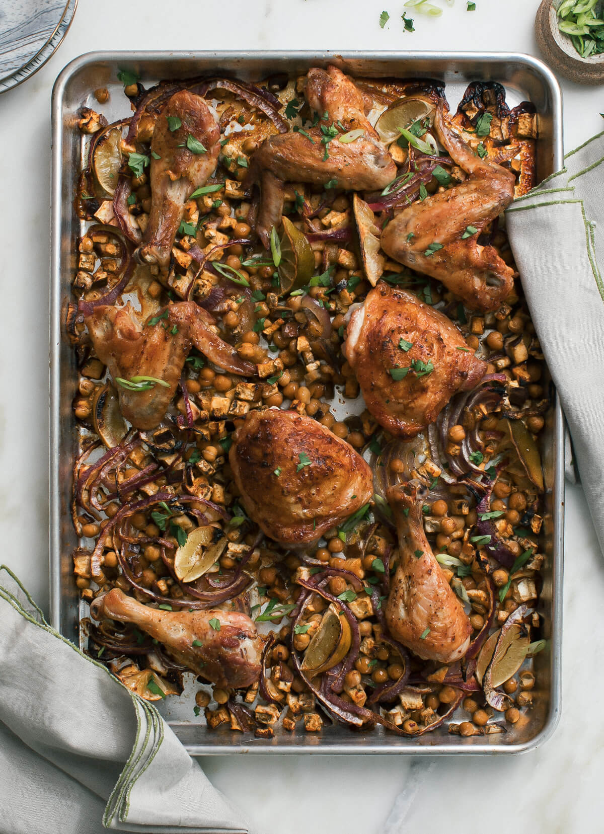 Sheet Pan Harissa Chicken with Chickpeas and Eggplant A Cozy Kitchen