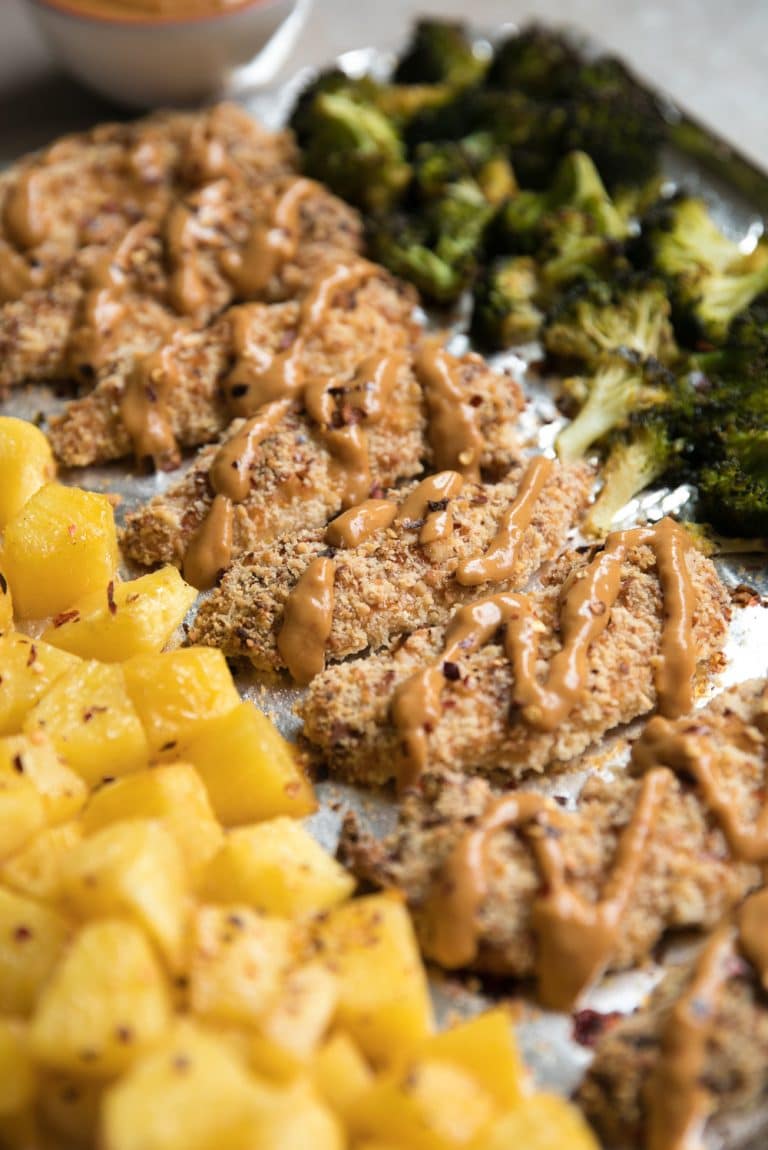 Sheet Pan Macadamic Coconut Crusted Chicken Tenders with Peanut Sauce