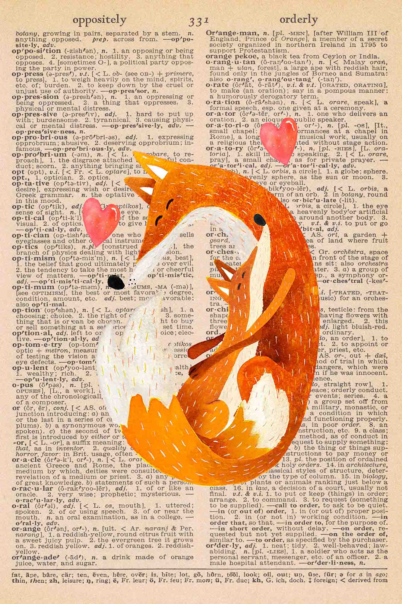 Vintage Dictionary Page Fall Printable Mother and Baby Fox
