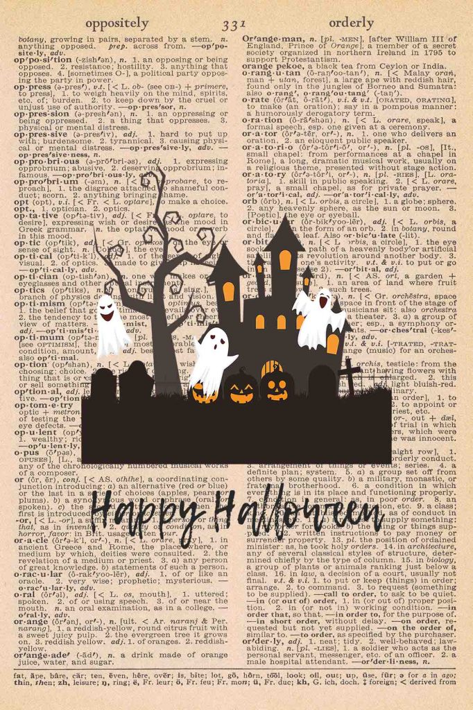 Halloween Vintage Dictionary Page Printable Classic Halloween Scene with Text