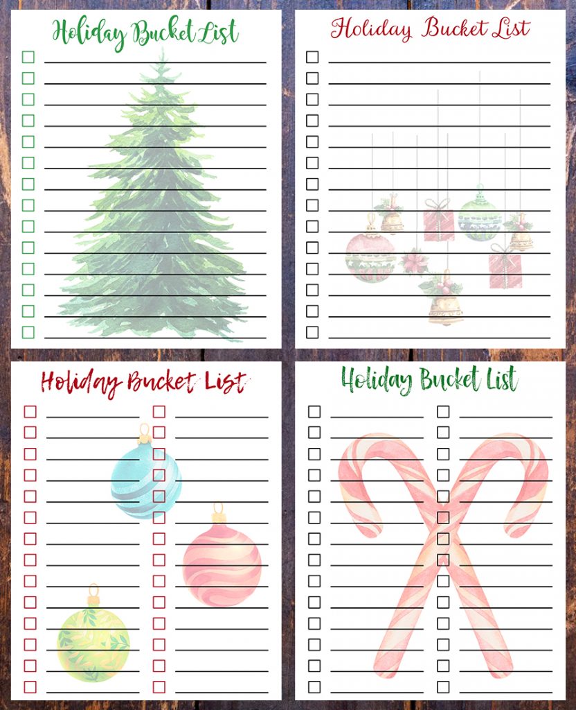 8 x 10 Free Printable Holiday Bucket Lists