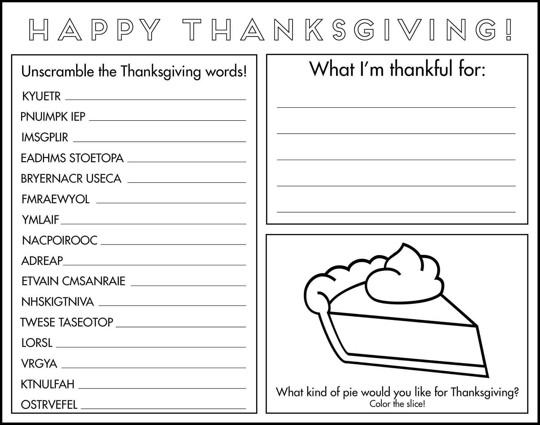 Thanksgiving Game Placemat