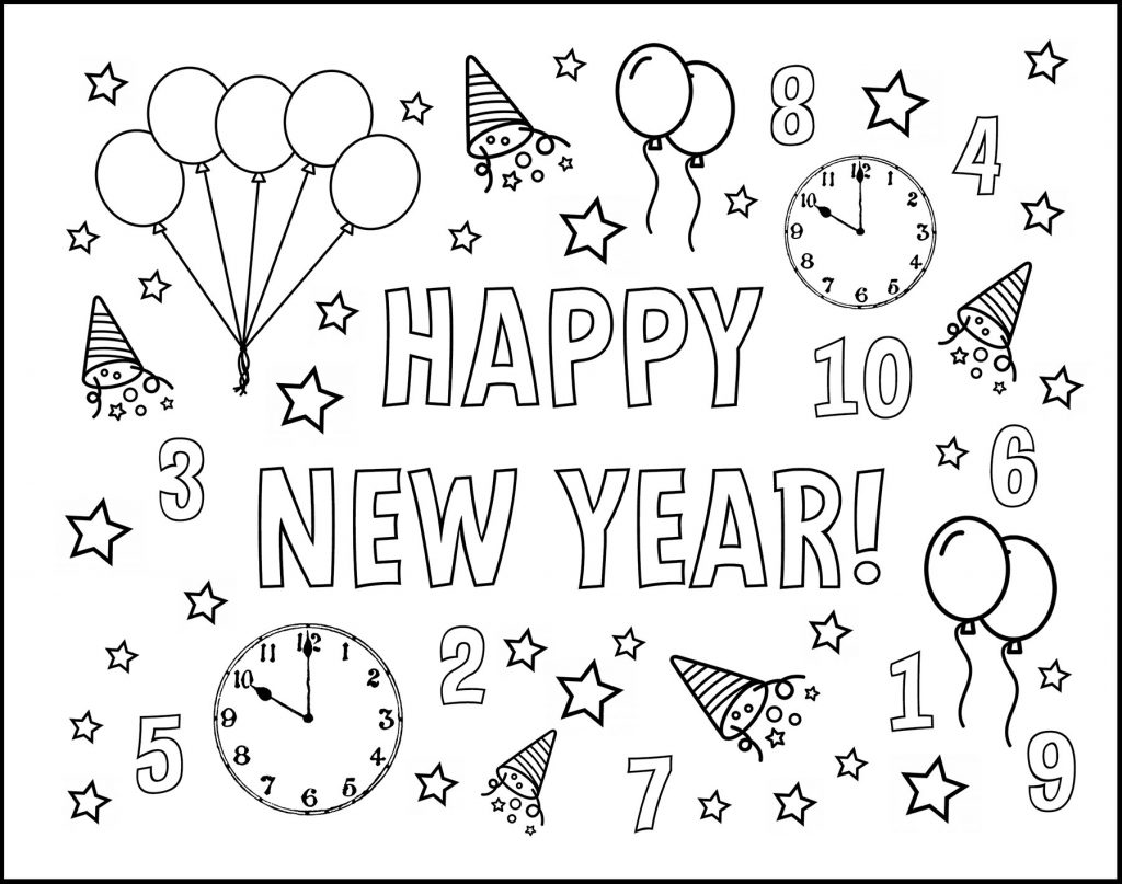 Happy New Year Assorted Designs Printable New Year's Eve Placemat to Color