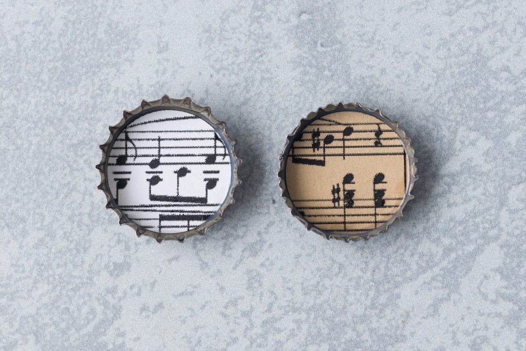 DIY Sheet Music Bottlecap Pendant Necklaces in Progress