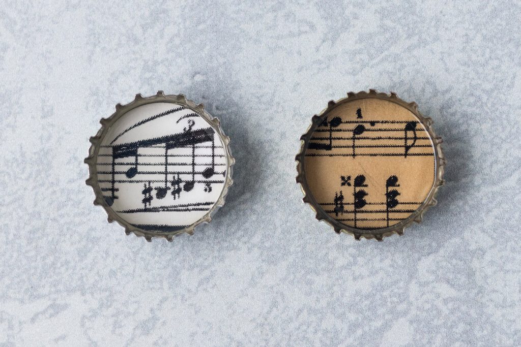 DIY Sheet Music Bottlecap Pendant Necklaces in Progress