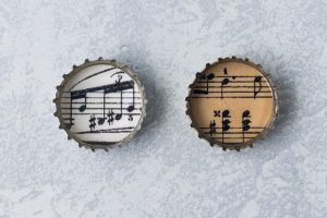 DIY Sheet Music Bottlecap Pendant Necklaces in Progress
