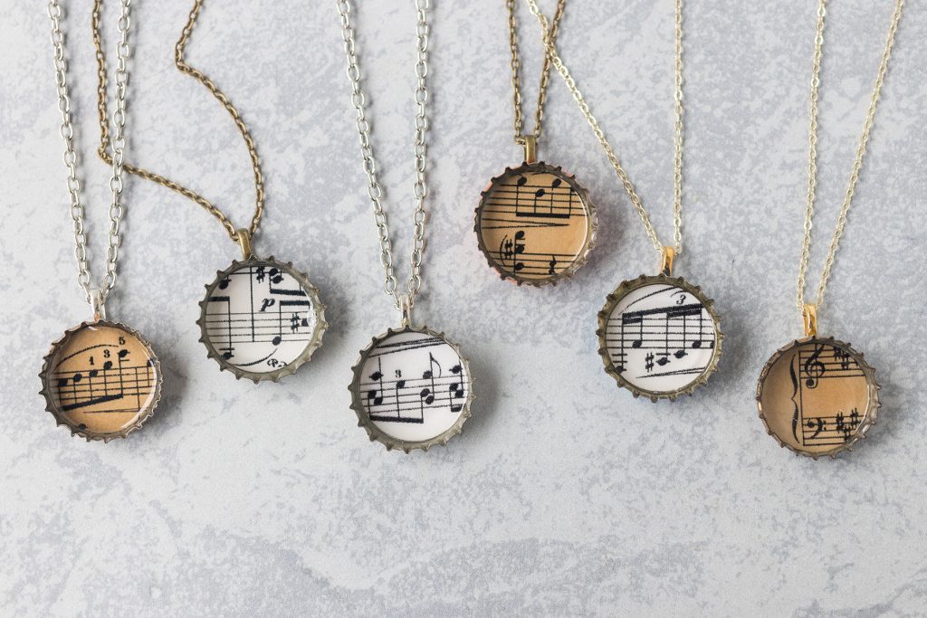 Bottlecap Sheet Music Pendant Necklaces