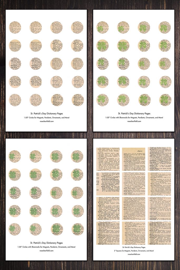 St. Patrick's Day Dictionary Pages Circle and Square Templates Collage