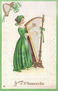 Vintage St. Patrick's Day Postcard Girl Playing Harp