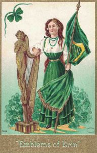 Vintage St. Patrick's Day Postcard Woman in Green with Gold Harp