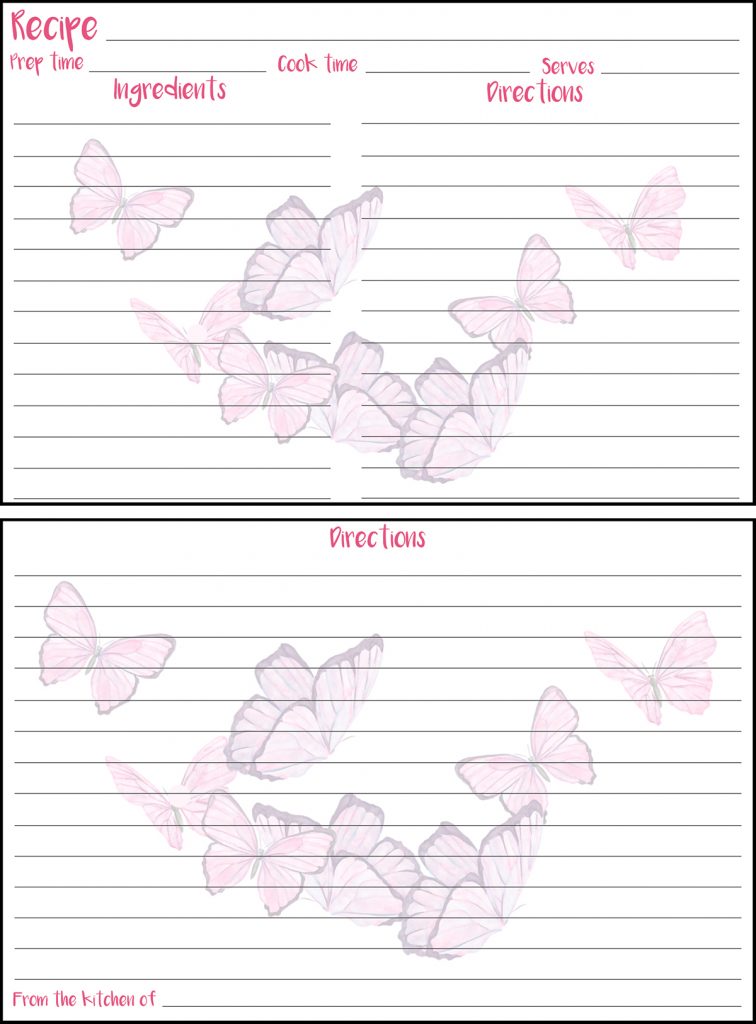 Printable Spring Recipe Card 4x6 Butterflies