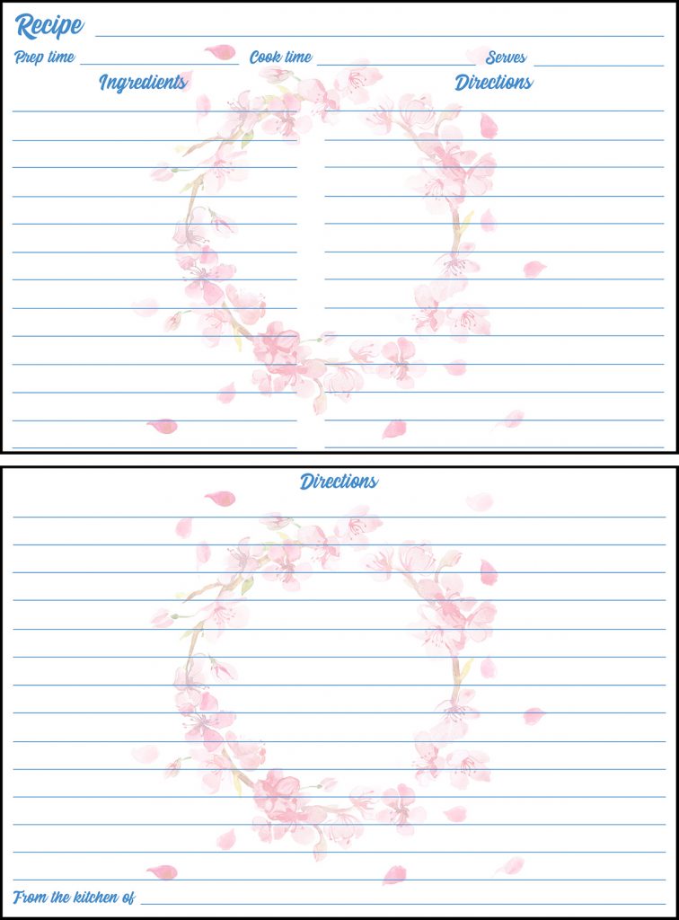 Printable Spring Recipe Card 4x6 Cherry Blossom Wreath