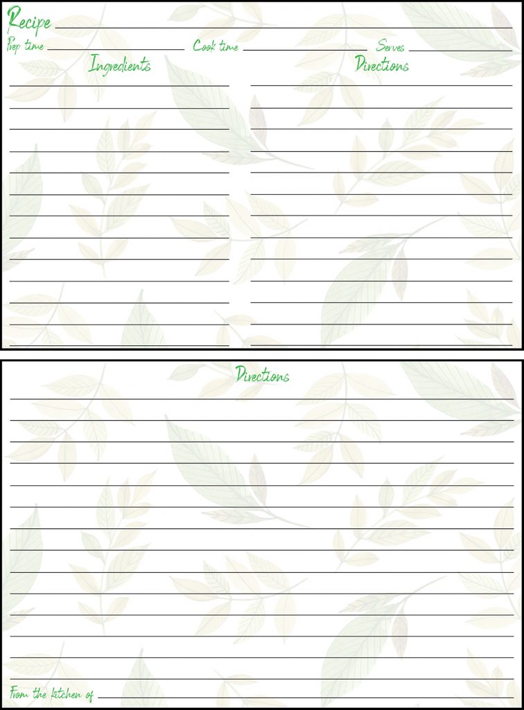 Printable Spring Recipe Card 4x6 Leaves