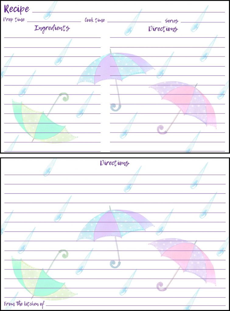 Printable Spring Recipe Card 4x6 Umbrellas