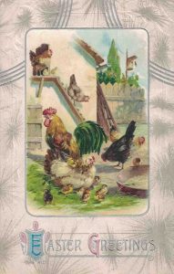 Vintage Easter Postcard Roosters and Chickens