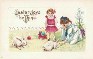 Vintage Easter Postcard Girls Feeding Bunnies