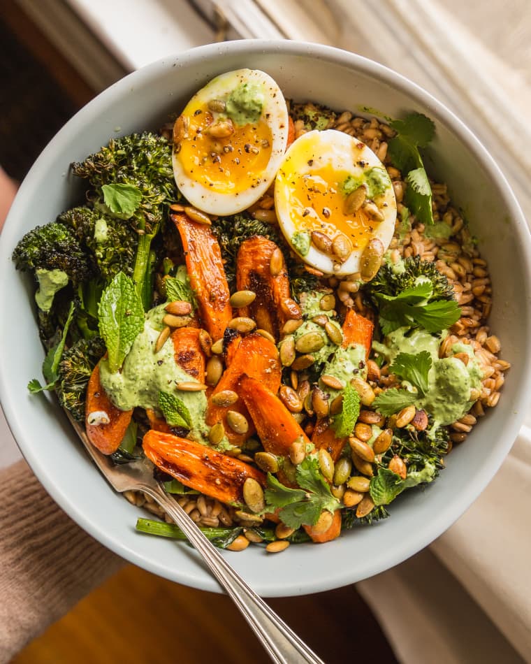 Farro Bowl with Carrots, Broccolini, and Yogurt Dressing Kitchn