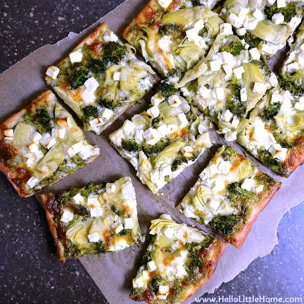 Green Pizza with Pesto Feta Artichokes and Broccoli Hello Little Home