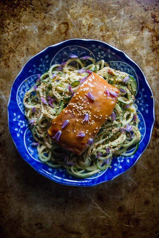 Grilled Tahini Glazed Salmon with Cucumber Noodles Heather Christo