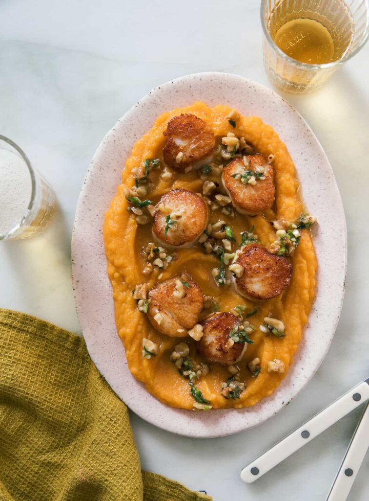 Seared Scallops with Cheesy Acorn Squash Mash A Cozy Kitchen