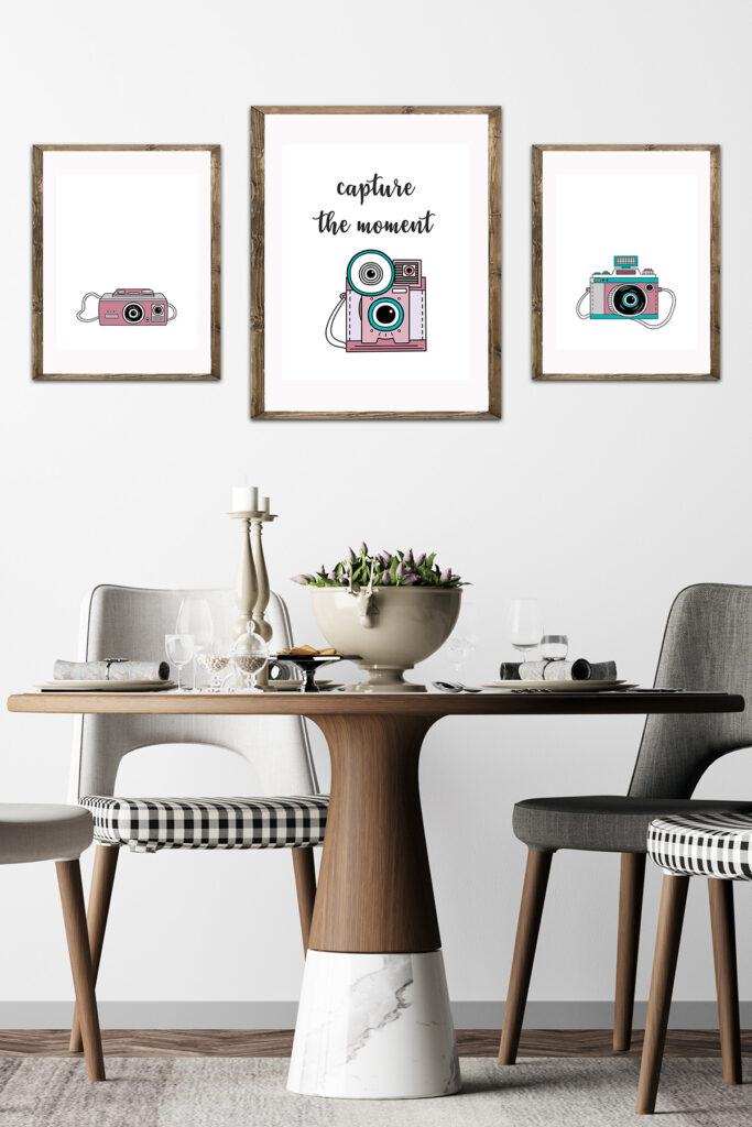 Vintage Camera Illustrations in Dining Room