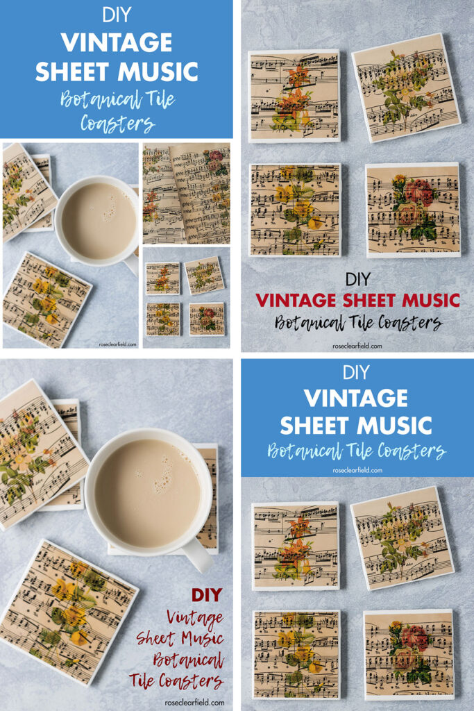 Vintage Sheet Music Botanical Tile Coasters Pin Collage