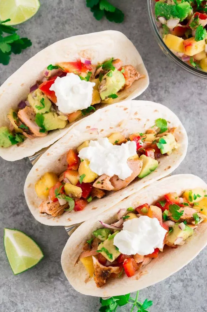 Blackened Salmon Tacos with Pineapple Avocado Salsa