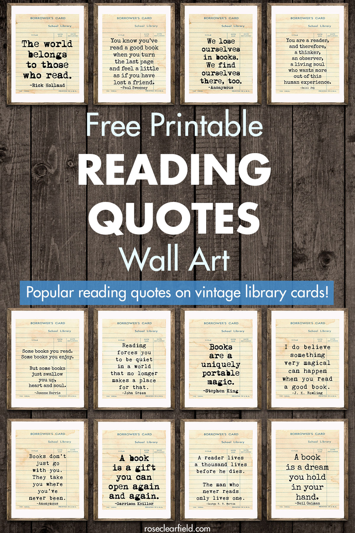 Free Printable Library Card Reading Quotes Wall Art • Rose Clearfield