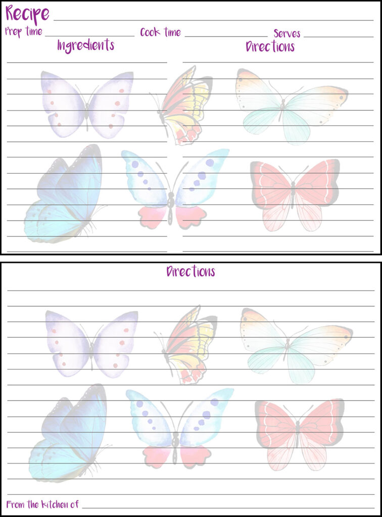 Printable Summer Recipe Card 4x6 Butterflies