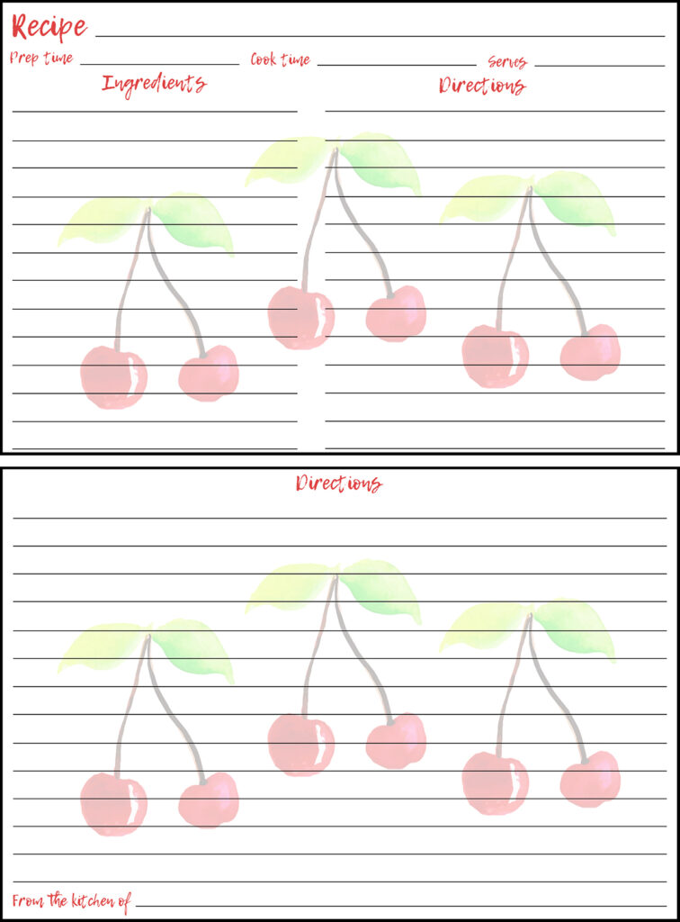 Printable Summer Recipe Card 4x6 Cherries