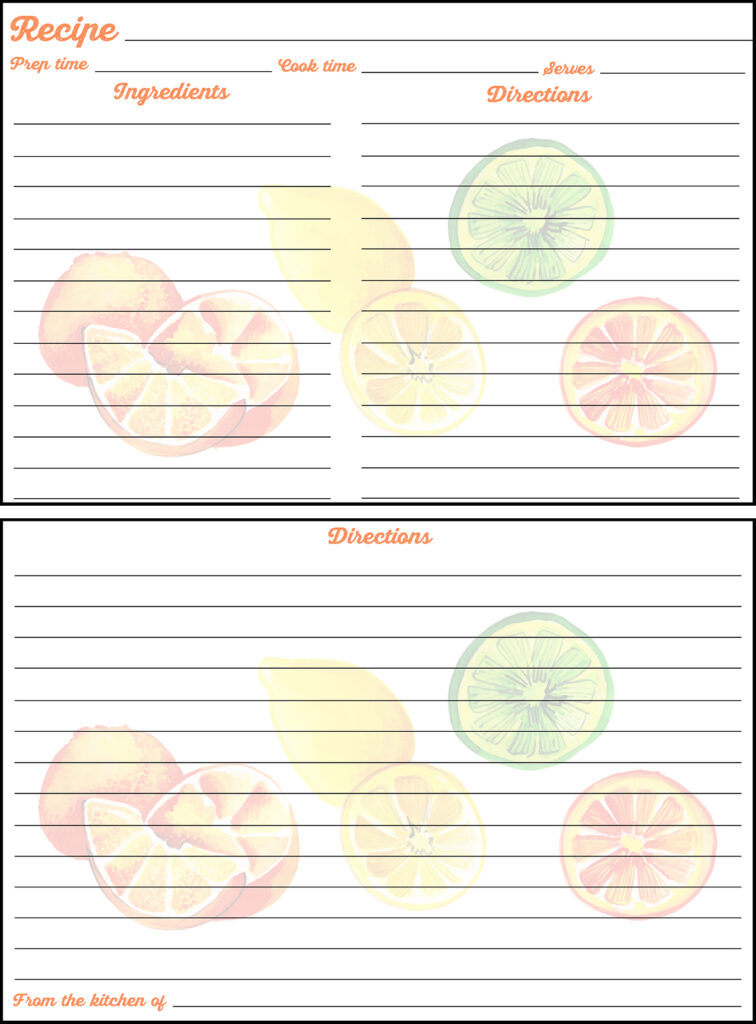 Printable Summer Recipe Card 4x6 Citrus Fruits