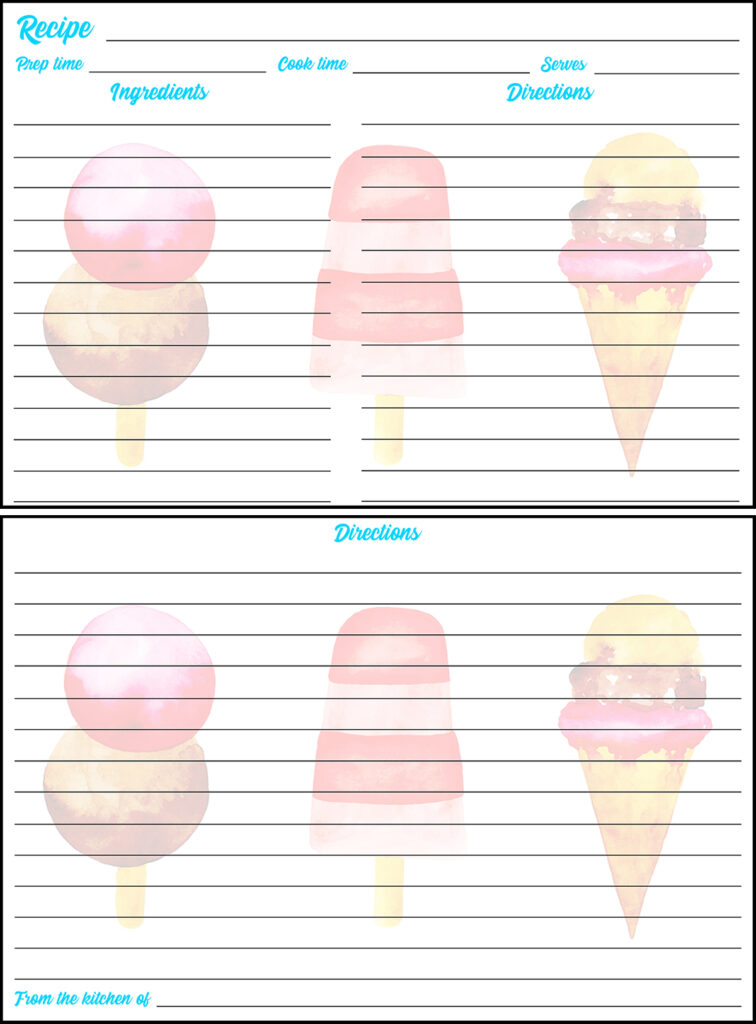 Printable Summer Recipe Card 4x6 Ice Cream