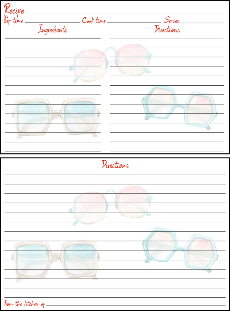 Printable Summer Recipe Card 4x6 Retro Sunglasses