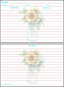 Printable Summer Recipe Card 4x6 Sunflower in Vase