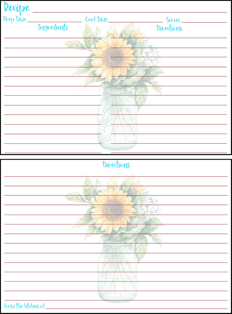 Printable Summer Recipe Card 4x6 Sunflower in Vase