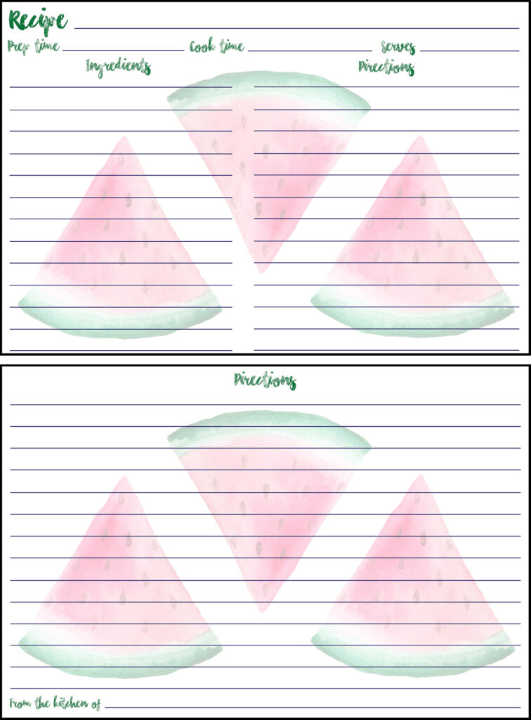 Printable Summer Recipe Card 4x6 Watermelon