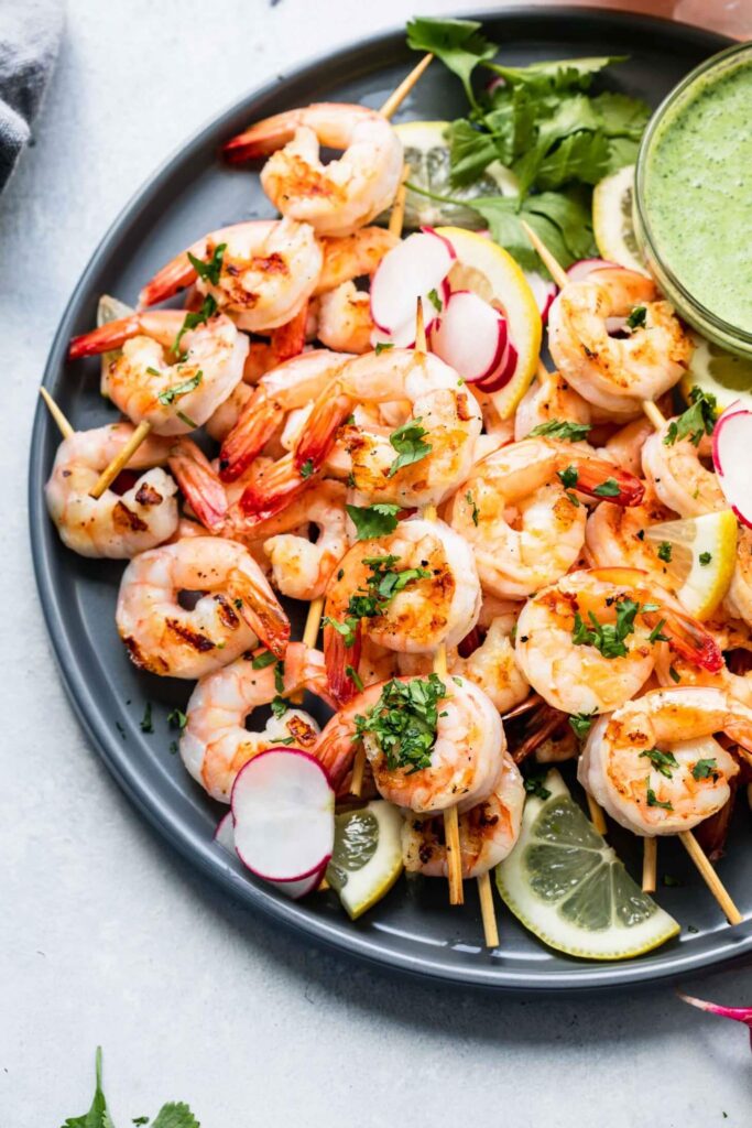 Shrimp Skewers Green Tahini Sauce Platings and Pairings