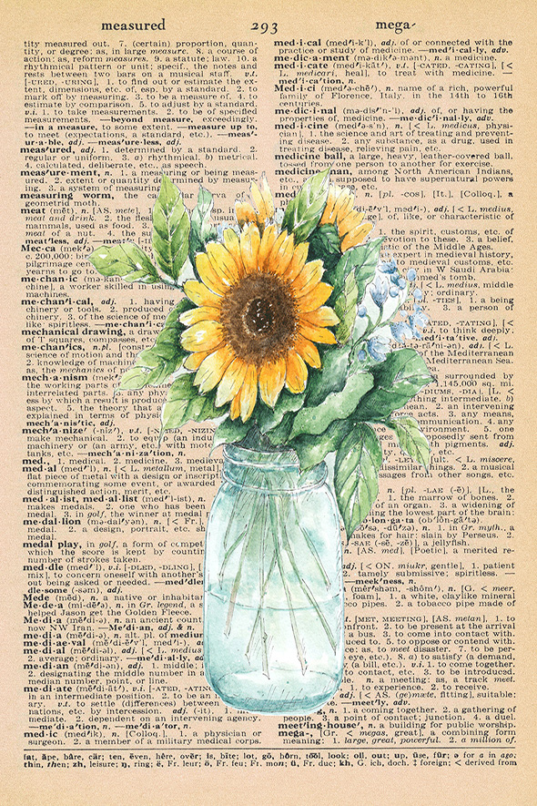 Summer Dictionary Page Printable Sunflower in Vase