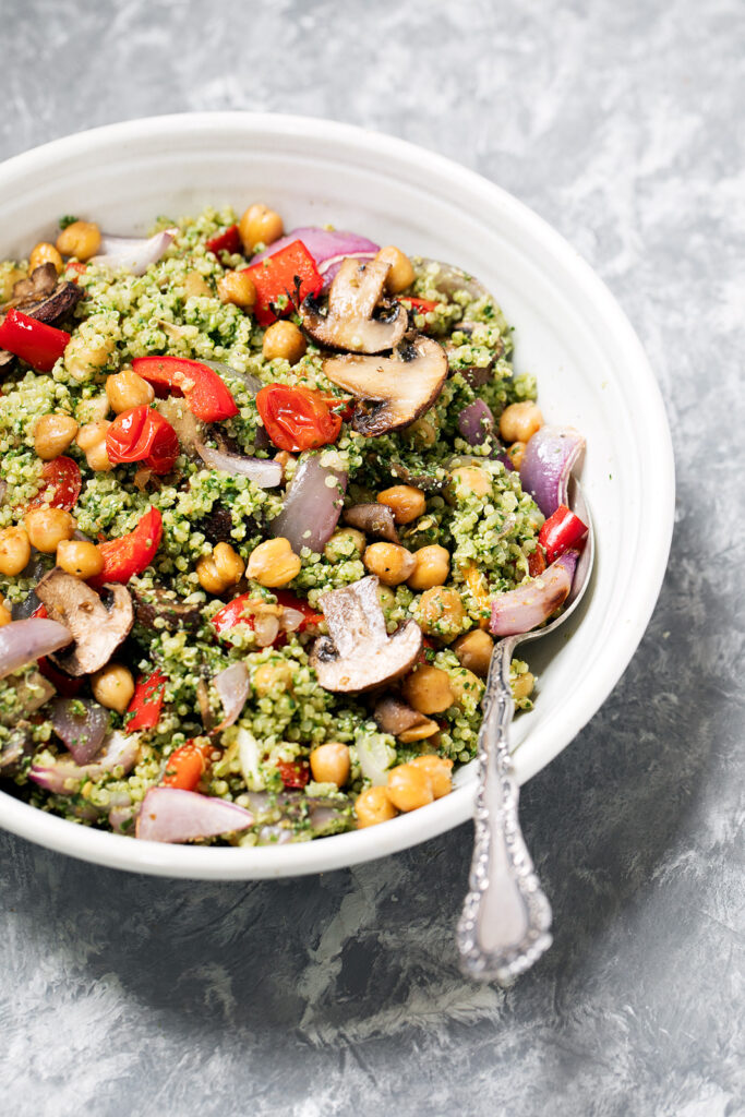 Roasted Veggie Chickpea Pesto Quinoa Salad Ambitious Kitchen